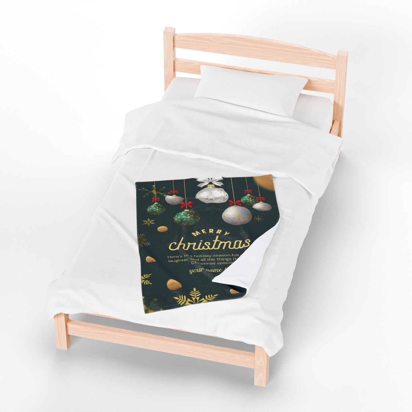 Elegant Green & Gold Christmas Blanket – Personalized Holiday Gift with Ornaments and Message