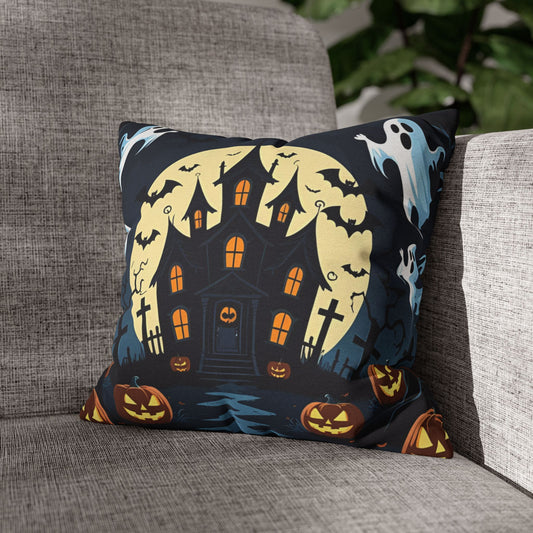 Haunted House Halloween Pillowcase with Ghosts, Bats & Pumpkins – Spooky Throw Pillow Cover for Halloween Home Decor