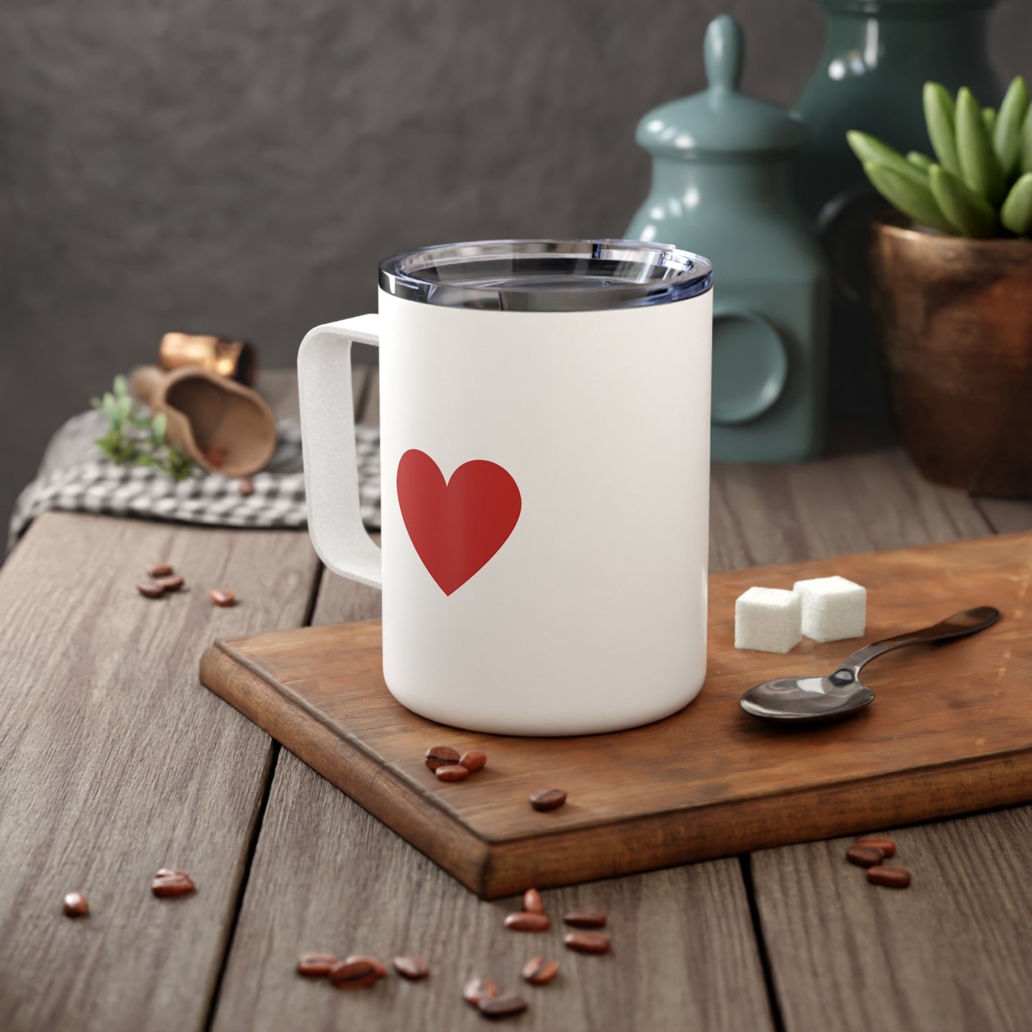 10oz Insulated Travel Mug – White with Red Heart Design, Stainless Steel, Glossy Finish