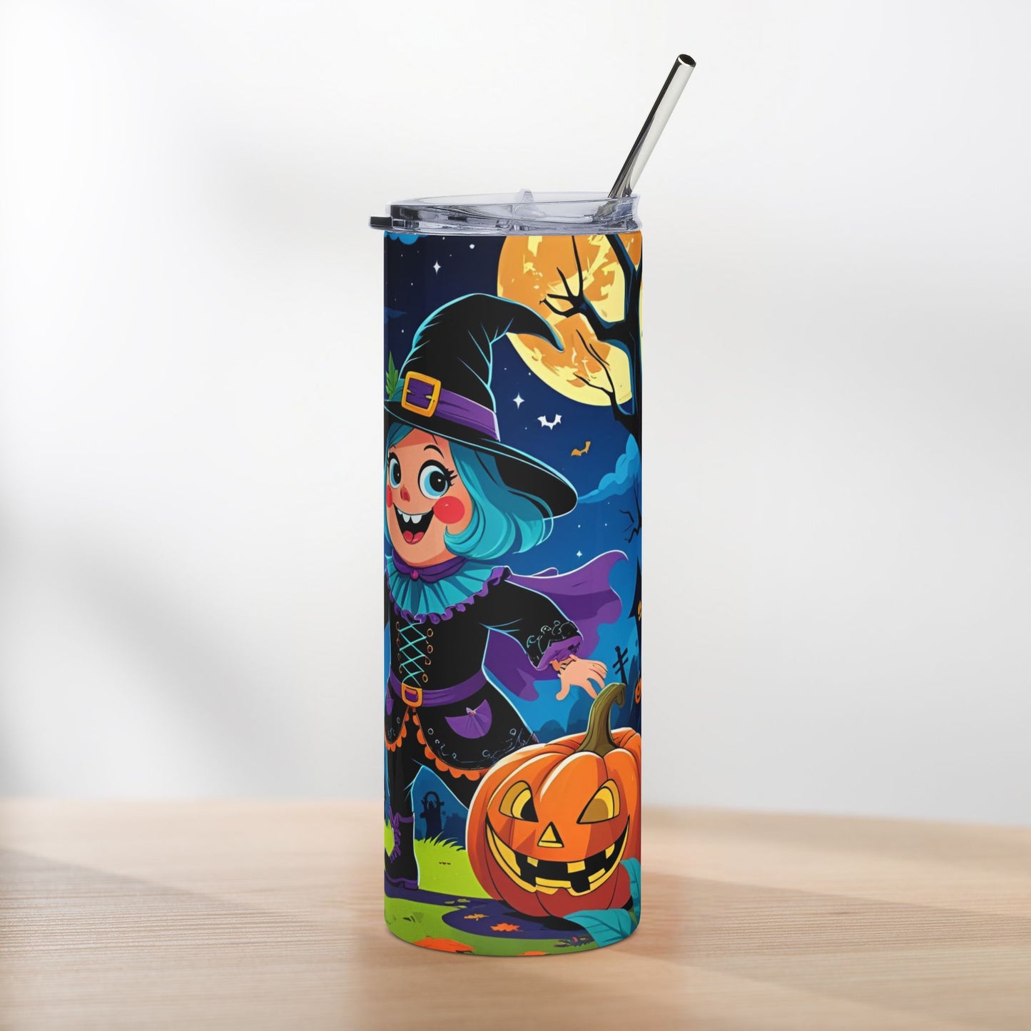 Ghost & Witch Halloween Tumbler – Playful Night Sky Design