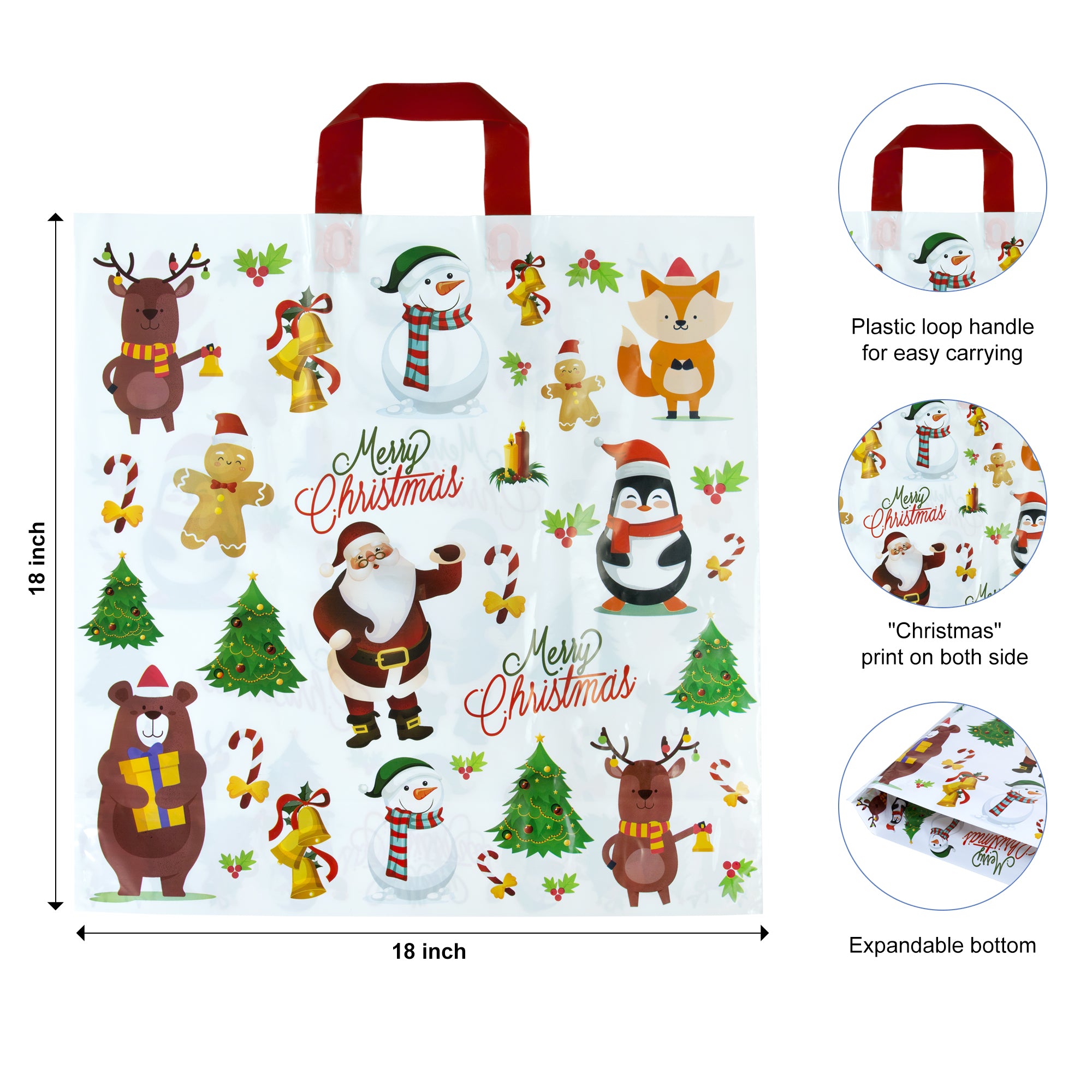 18x18 Large Christmas Plastic Gift Bags With Loop Handle (Pack of 100)