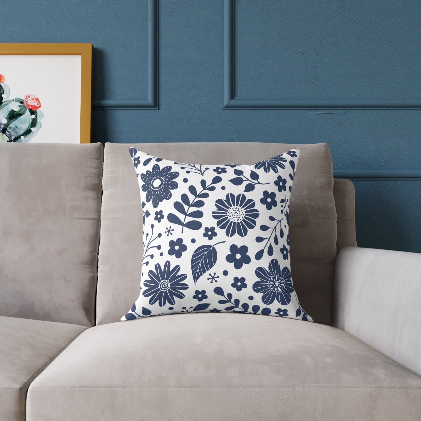 Blue Floral Throw Pillow – Minimalist Botanical Cushion