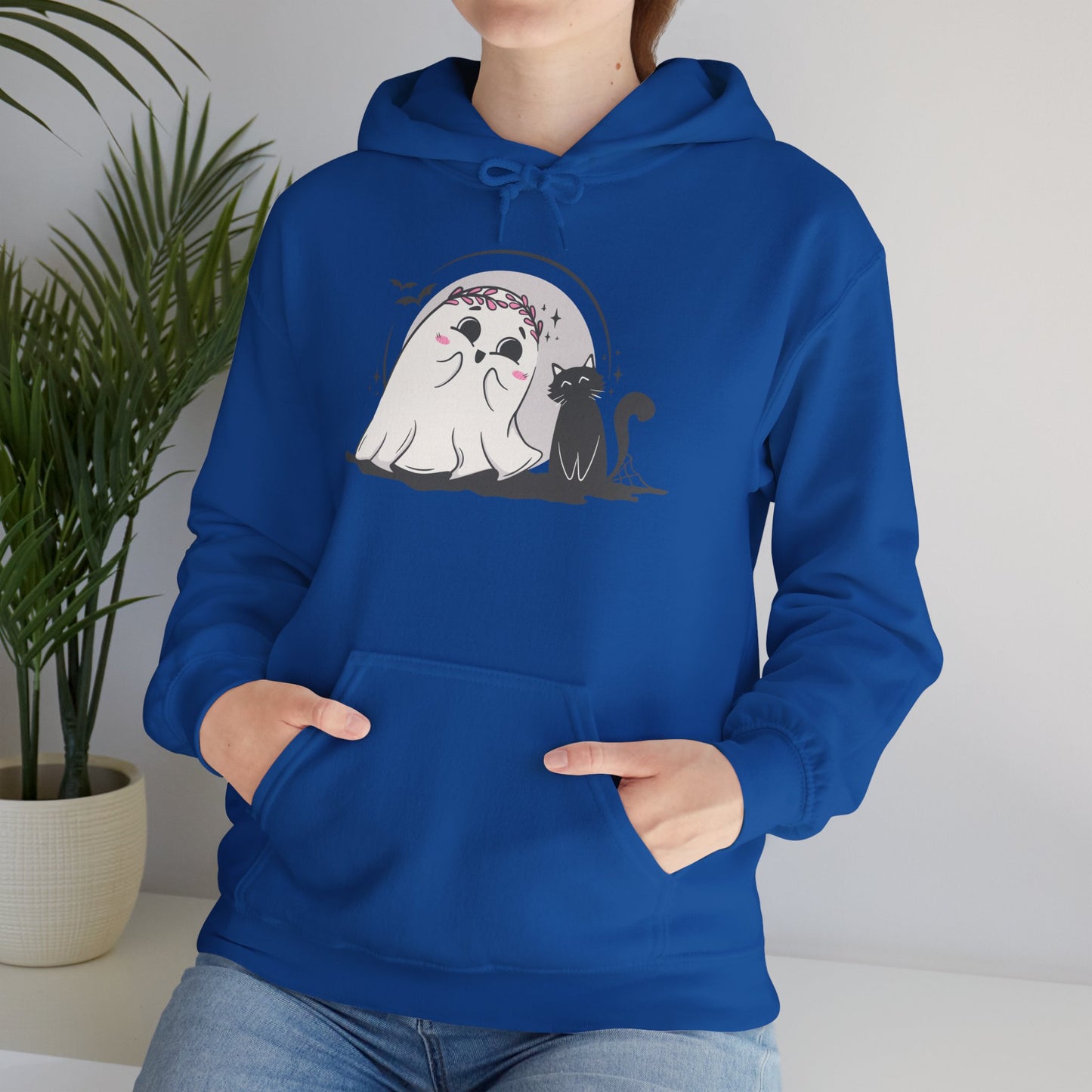 Floral Ghost & Black Cat Hoodie – Cute Halloween Companions