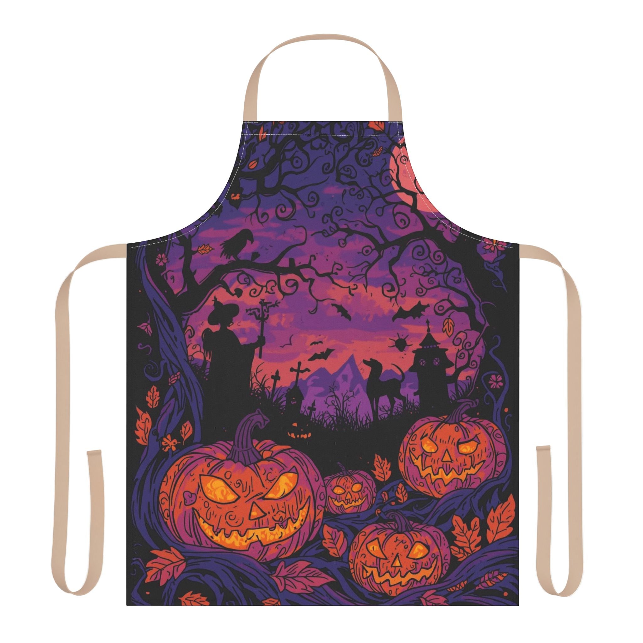 Halloween Apron with Witch, Pumpkin, and Haunted House Design