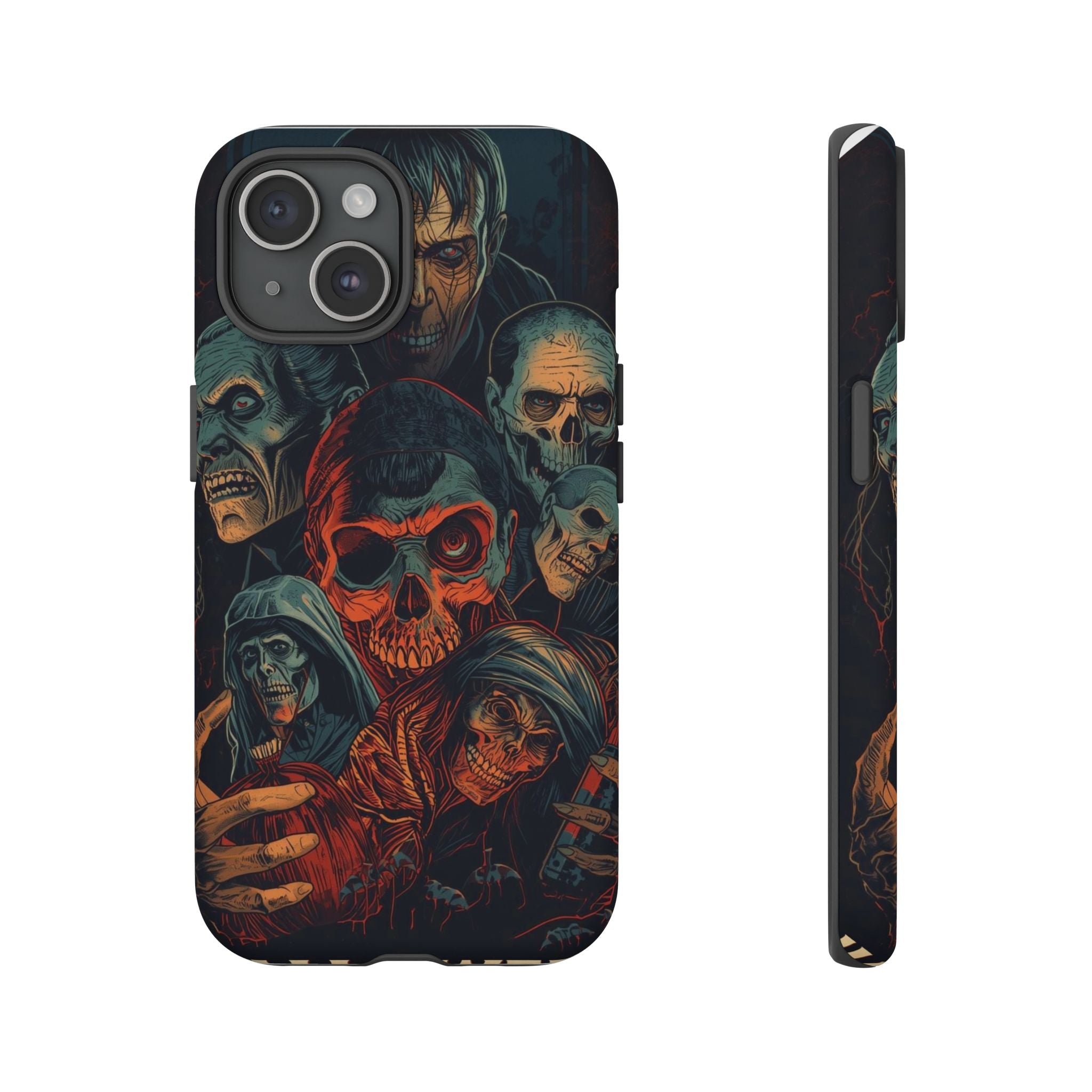 Halloween Phone Case with Skulls and Spooky Faces Design