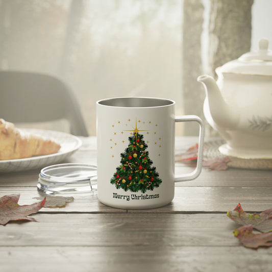 10oz Christmas Travel Mug, “Merry Christmas” Tree Design, Stainless Steel Insulated Cup