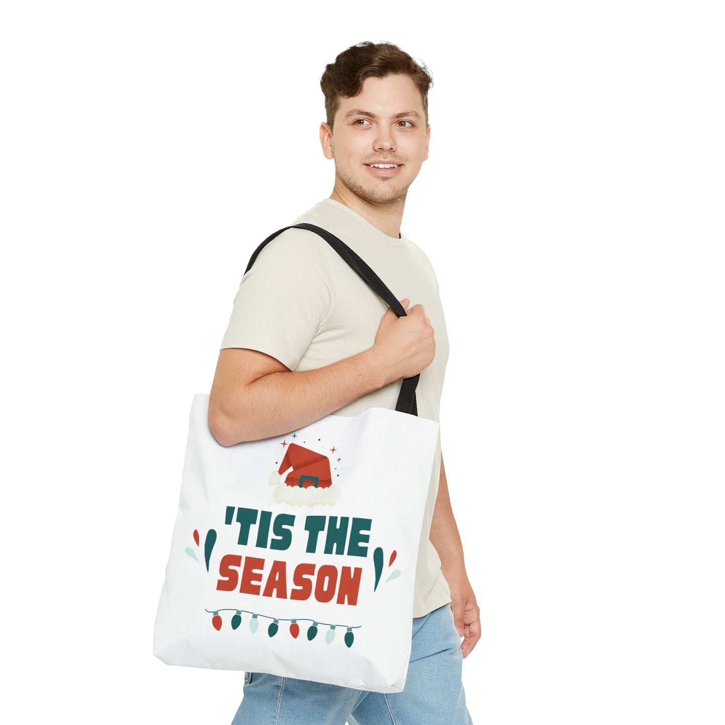 Christmas Tote Bag with “‘TIS THE SEASON” Santa Hat Design – Durable All-Over Print Holiday Carryall in 3 Sizes