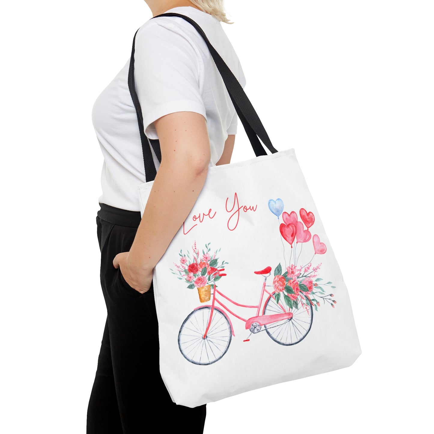 Love You with Bicycle and Heart Baloons Printed Tote Bag, Valentine's Tote Bag