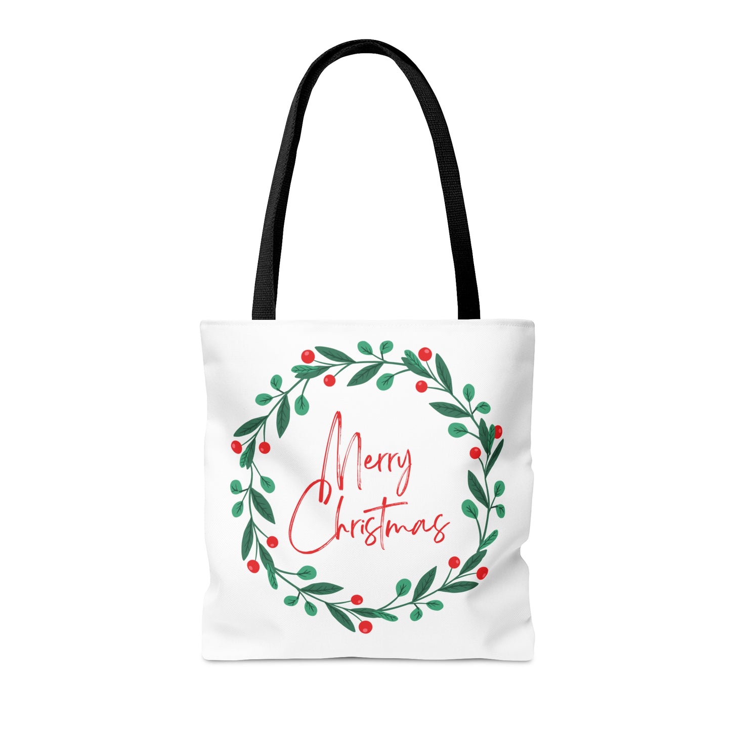 Christmas Tote Bag with “Merry Christmas” Wreath Design – Festive All-Over Print Carryall in 3 Sizes