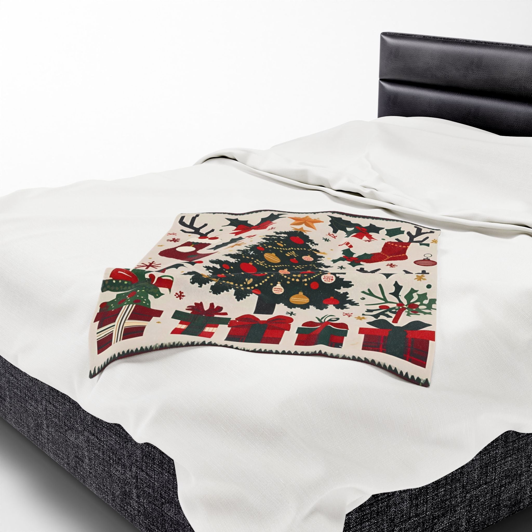 Christmas Tree Velveteen Plush Blanket – Holiday Stockings, Gifts & Holly Print Throw