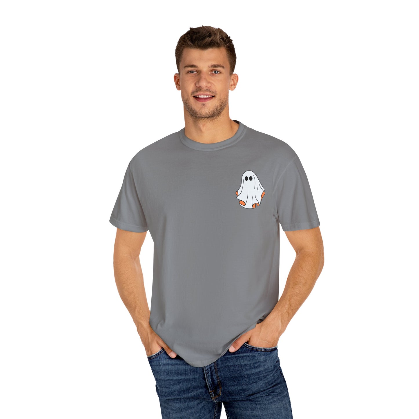 Minimal Ghost Halloween T-Shirt – Cute Pocket Graphic Tee for Spooky Season