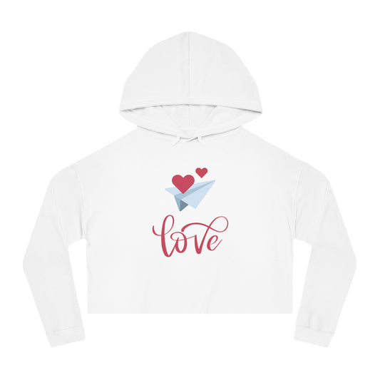 Valentine Sweatshirt, Women’s Cropped Hooded Sweatshirt with Love and Flying Hearts
