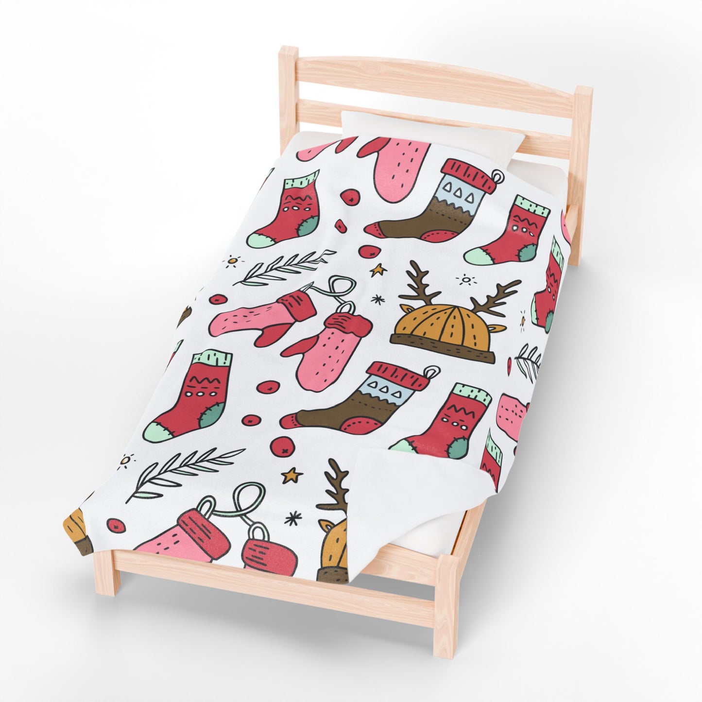 Holiday Print Velveteen Plush Blanket – Reindeer, Mittens & Stockings Design