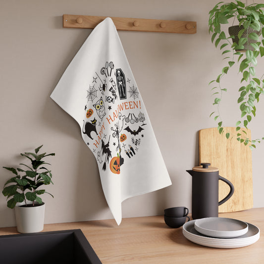 Happy Halloween Tea Towel – Black Cat, Ghosts, Pumpkins, and Bats Design