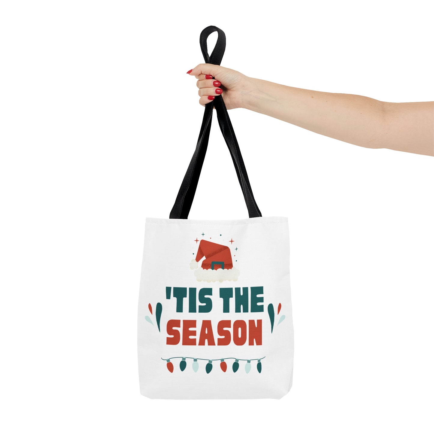 Christmas Tote Bag with “‘TIS THE SEASON” Santa Hat Design – Durable All-Over Print Holiday Carryall in 3 Sizes