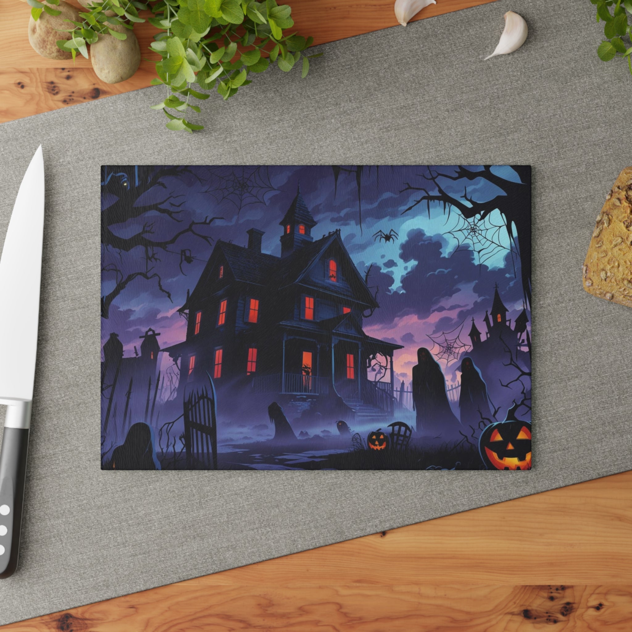Spooky Halloween Cutting Board with Haunted House and Pumpkins