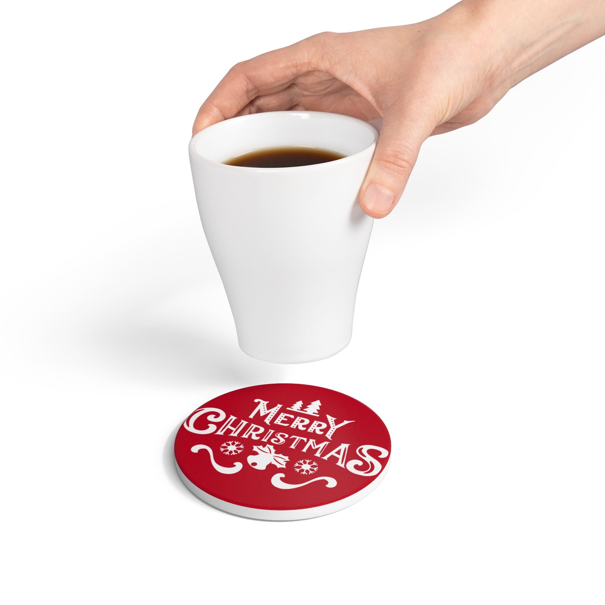 Cheerful Christmas Ceramic Coaster with Pine Tree and Snowflake Design