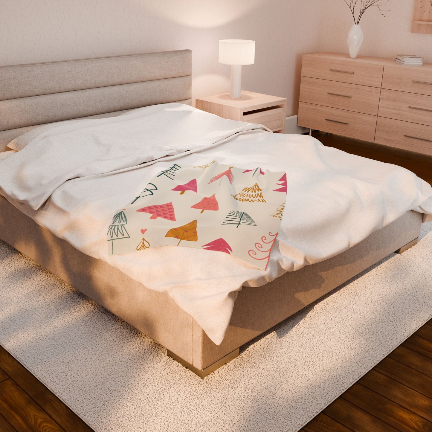 Velveteen Plush Blanket - Christmas Trees Pink Green Gold Holiday Throw