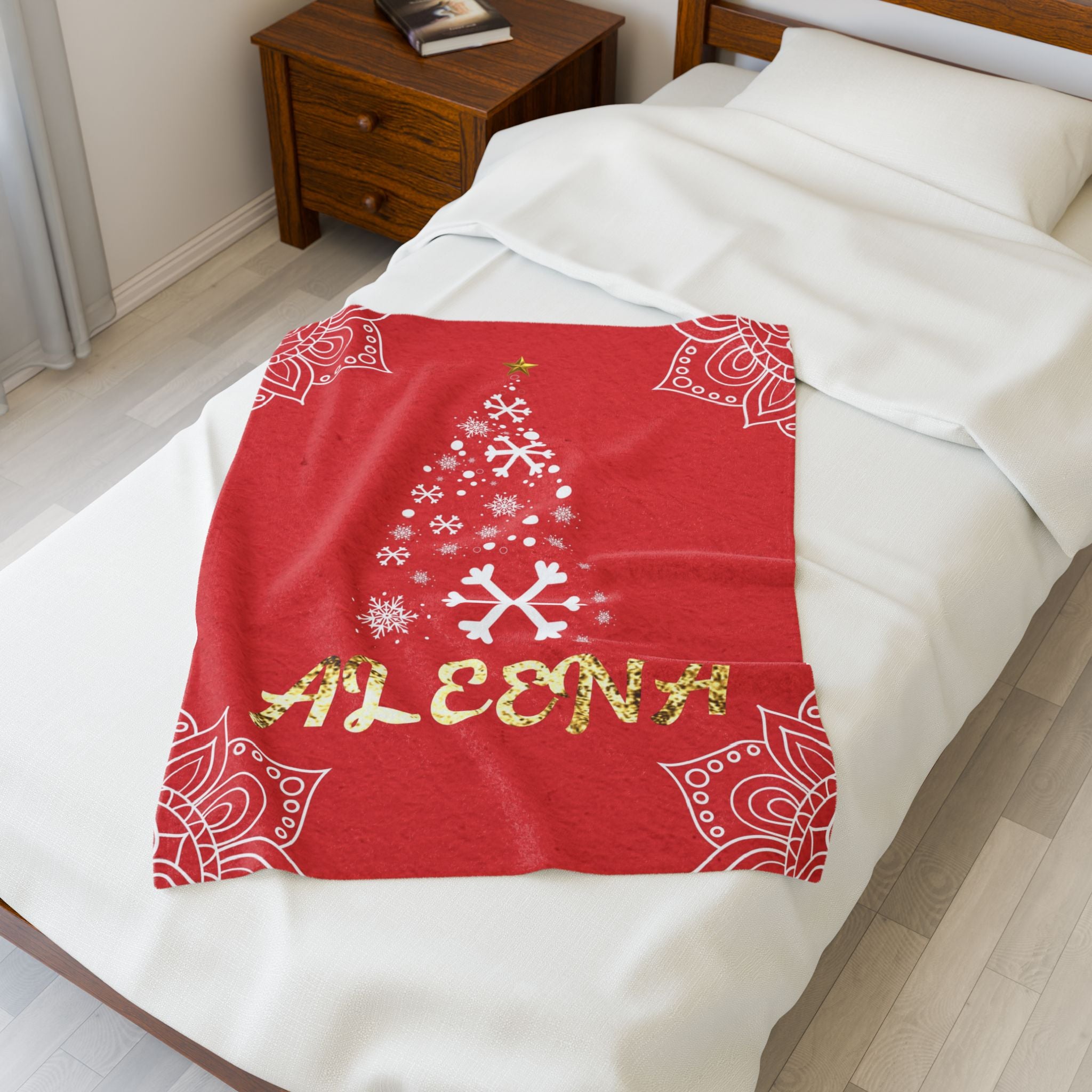 Personalized Christmas Tree Velveteen Blanket, Custom Name Holiday Throw