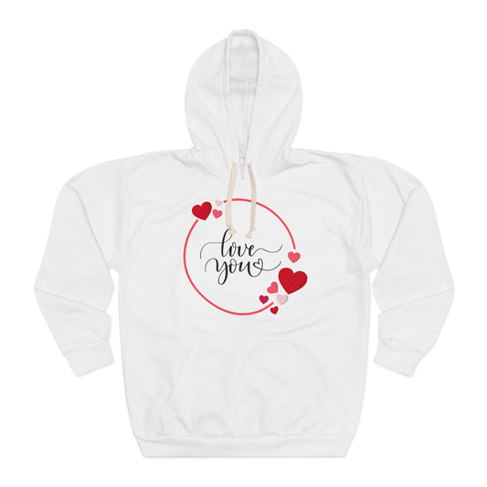 Love You with Hearts Printed Unisex Pullover Hoodie, Red & White