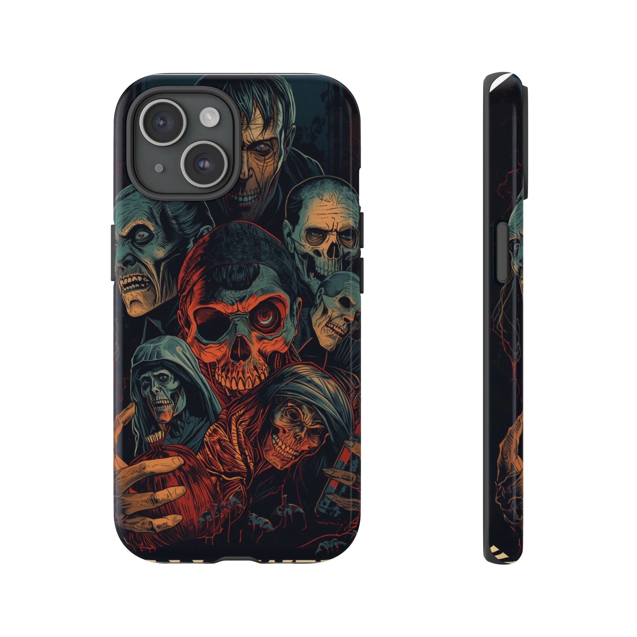 Halloween Phone Case with Skulls and Spooky Faces Design