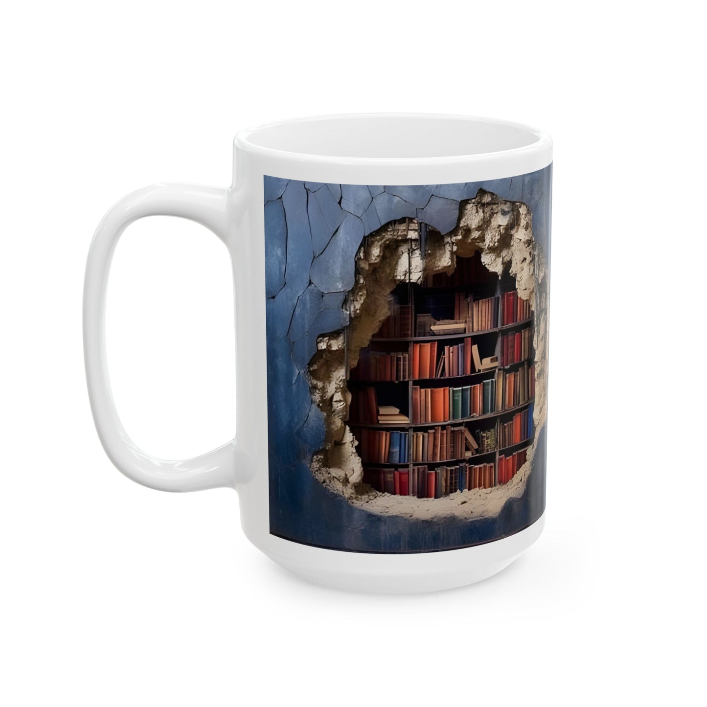Mug - 3D Bookshelf Illusion - Unique Library Wall Break Design