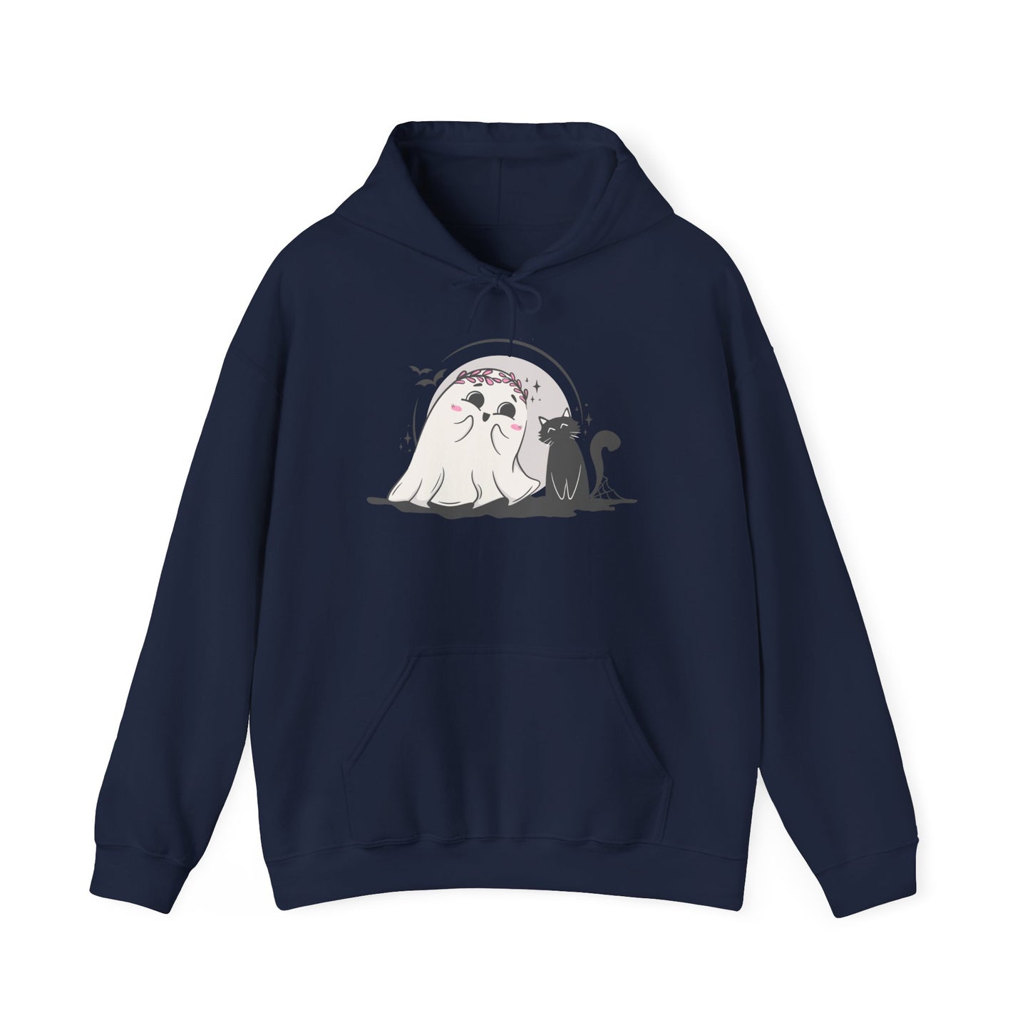 Floral Ghost & Black Cat Hoodie – Cute Halloween Companions