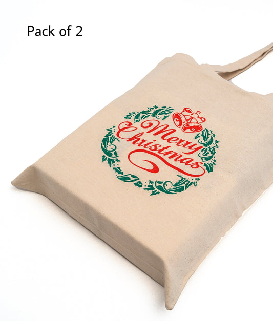 Pack Of 2 Reusable Canvas Christmas Tote Bags With Long Handle
