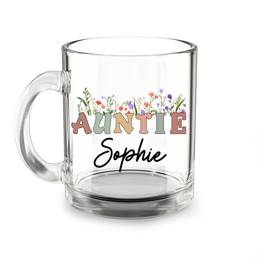 Personalized Auntie Glass Mug – Custom Coffee Cup Gift for a Special Aunt – Birthday or Anytime Present