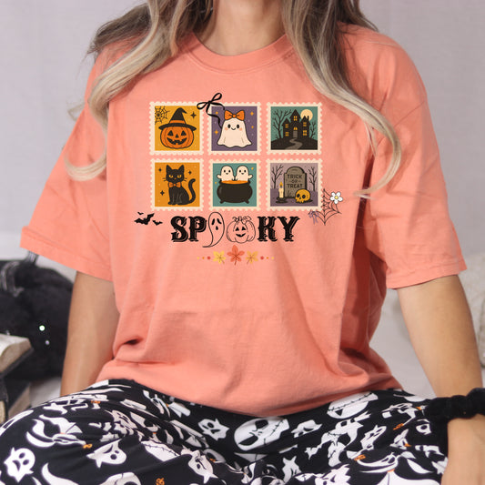 Spooky Halloween Ghost T-Shirt – Cute Fall Graphic Tee with Pumpkins, Bats & Haunted House