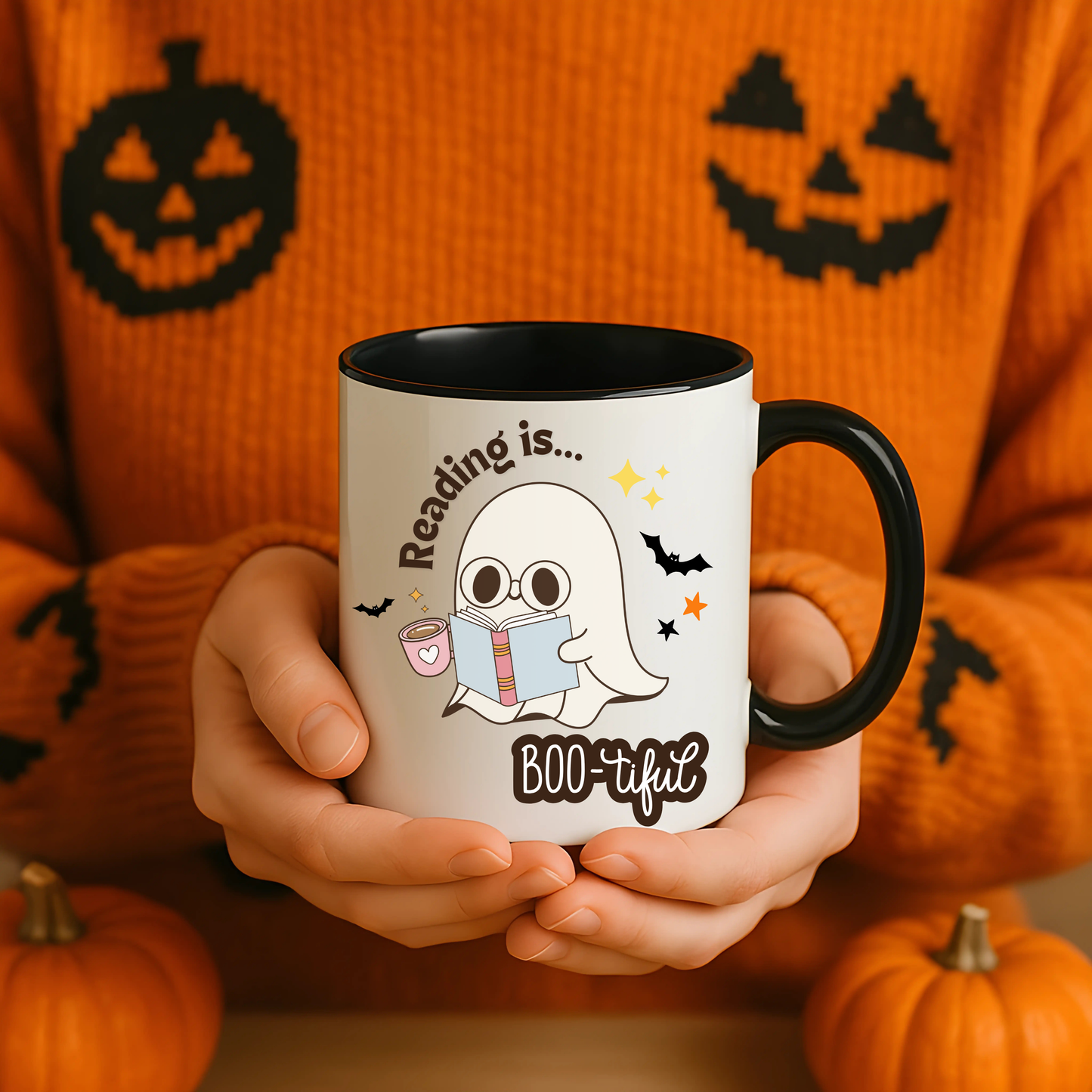 Cute Halloween Coffee Mug – Reading Is BOO-tiful Ghost & Cat Cup for Book Lovers