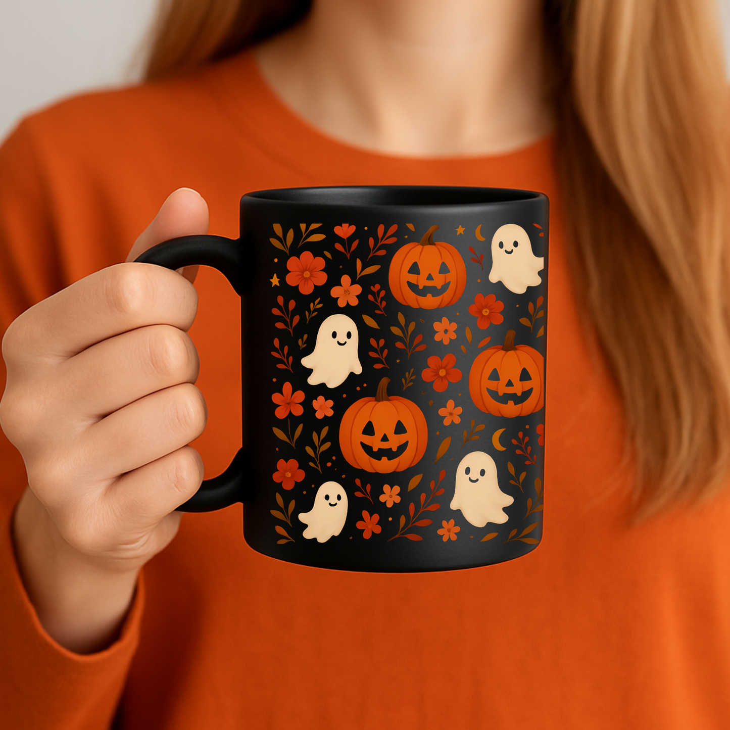 Cute Ghosts Halloween Coffee Mug – Black Ceramic Cup with Festive Design