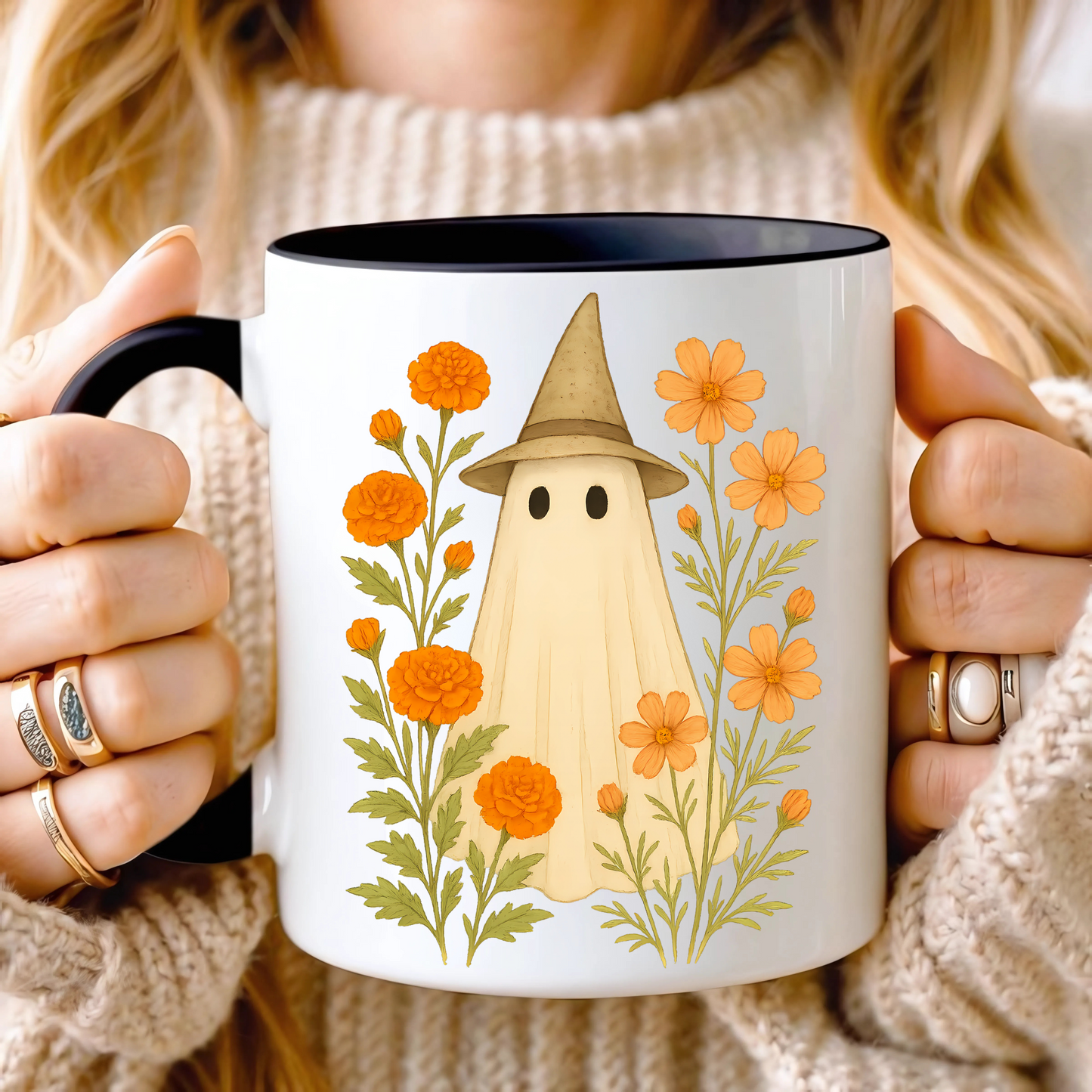 October Birth Flower Ghost Mug – Marigold & Cosmos Halloween Coffee Cup