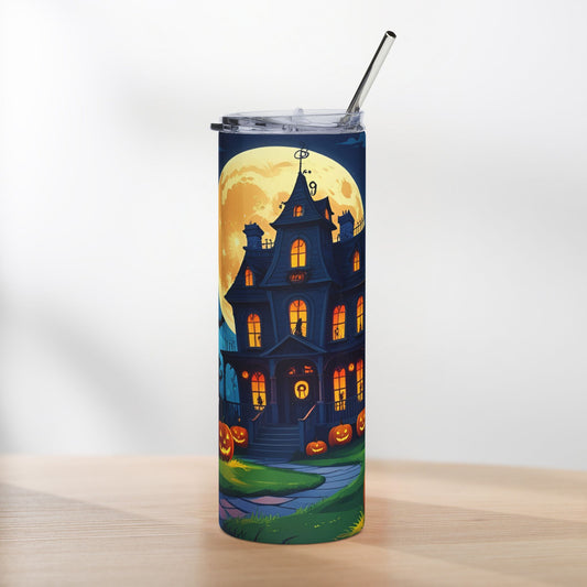 Haunted House Halloween Tumbler with Straw – Spooky Night Design