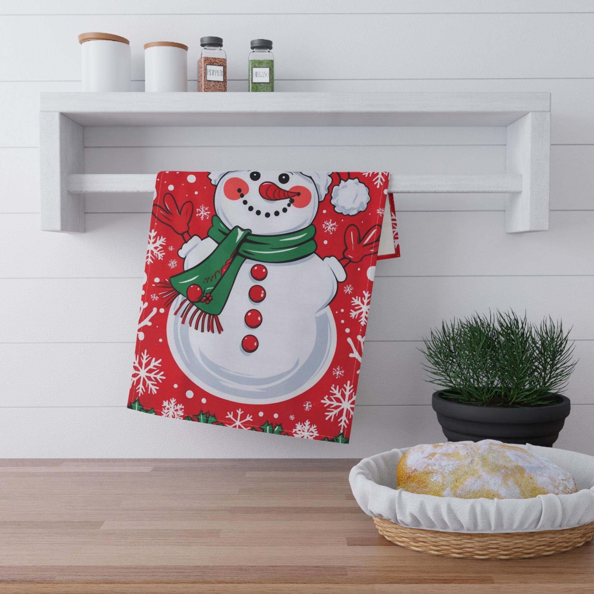 Cheerful Christmas Tea Towel with Snowman Design