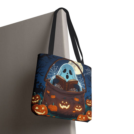 Halloween Tote Bag - Ghost Reading Book Design