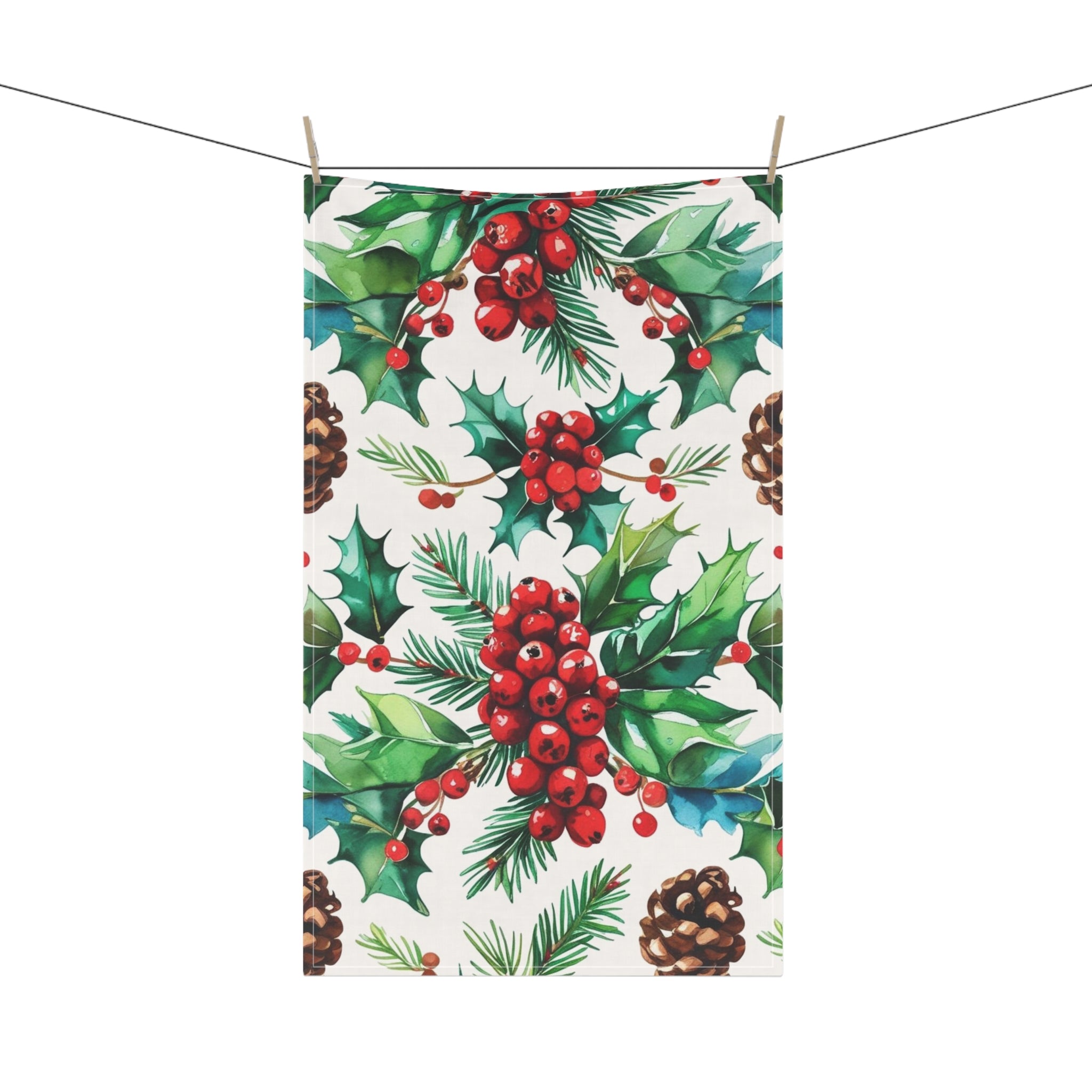 Festive Christmas Tea Towel with Holly and Pinecone Pattern