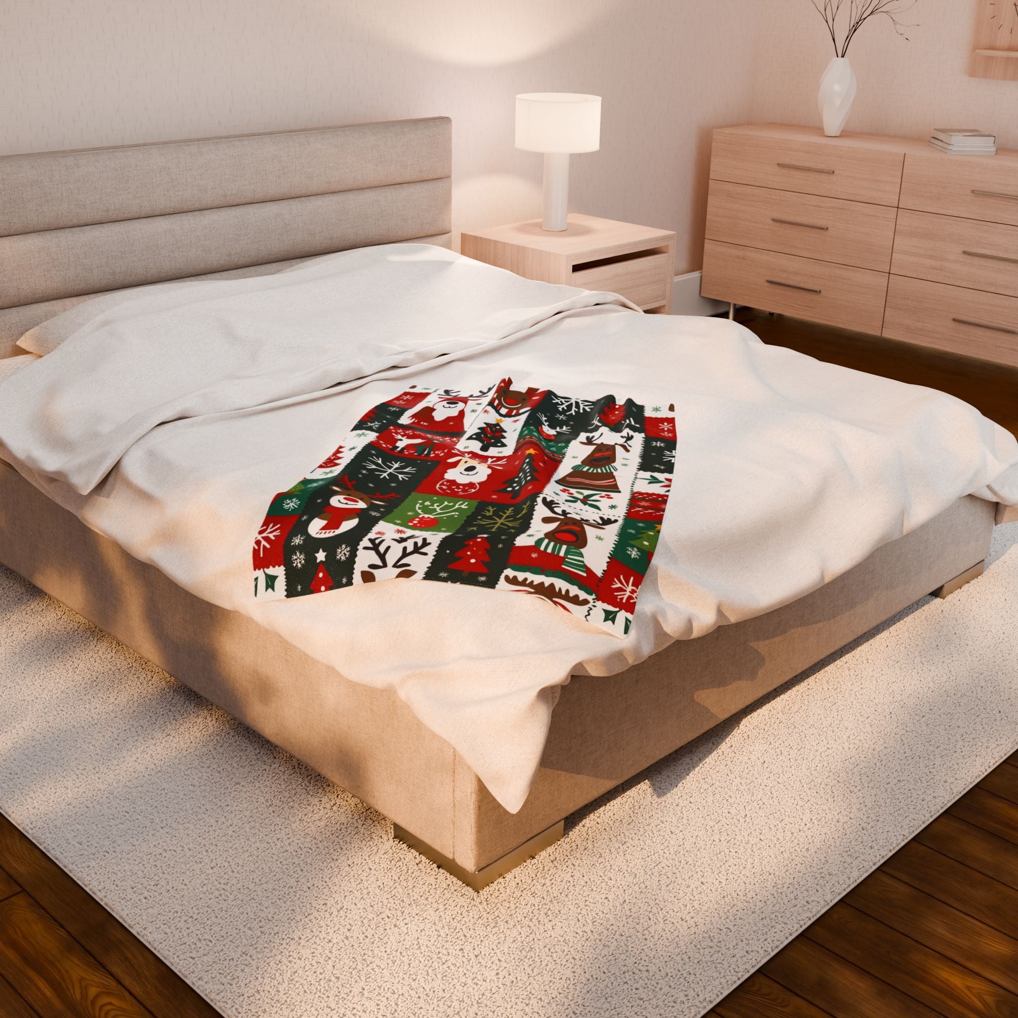 Patchwork Christmas Velveteen Plush Blanket – Reindeer, Trees & Snowflake Holiday Print
