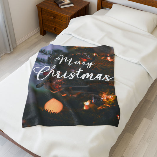 Merry Christmas with Ornament Printed Velveteen Plush Blanket