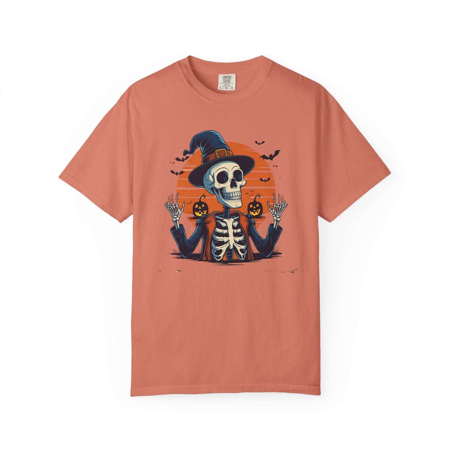 Skeleton Witch Halloween T-shirt for Adults & Teens, Funny Spooky Sunset Graphic Tee, Unisex Garment-Dyed Top, Pumpkin Hat Shirt, Halloween