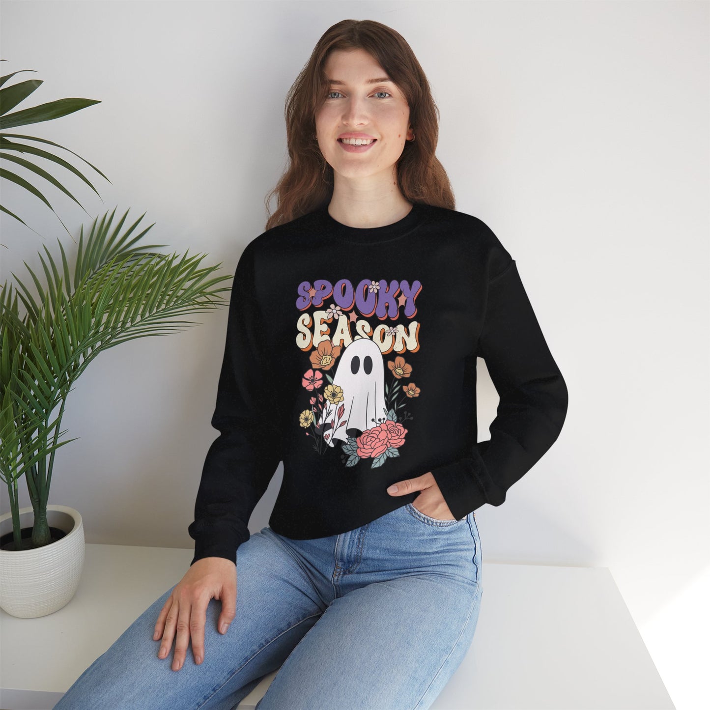 Spooky Season Floral Ghost Sweatshirt – Cozy Halloween Blooms