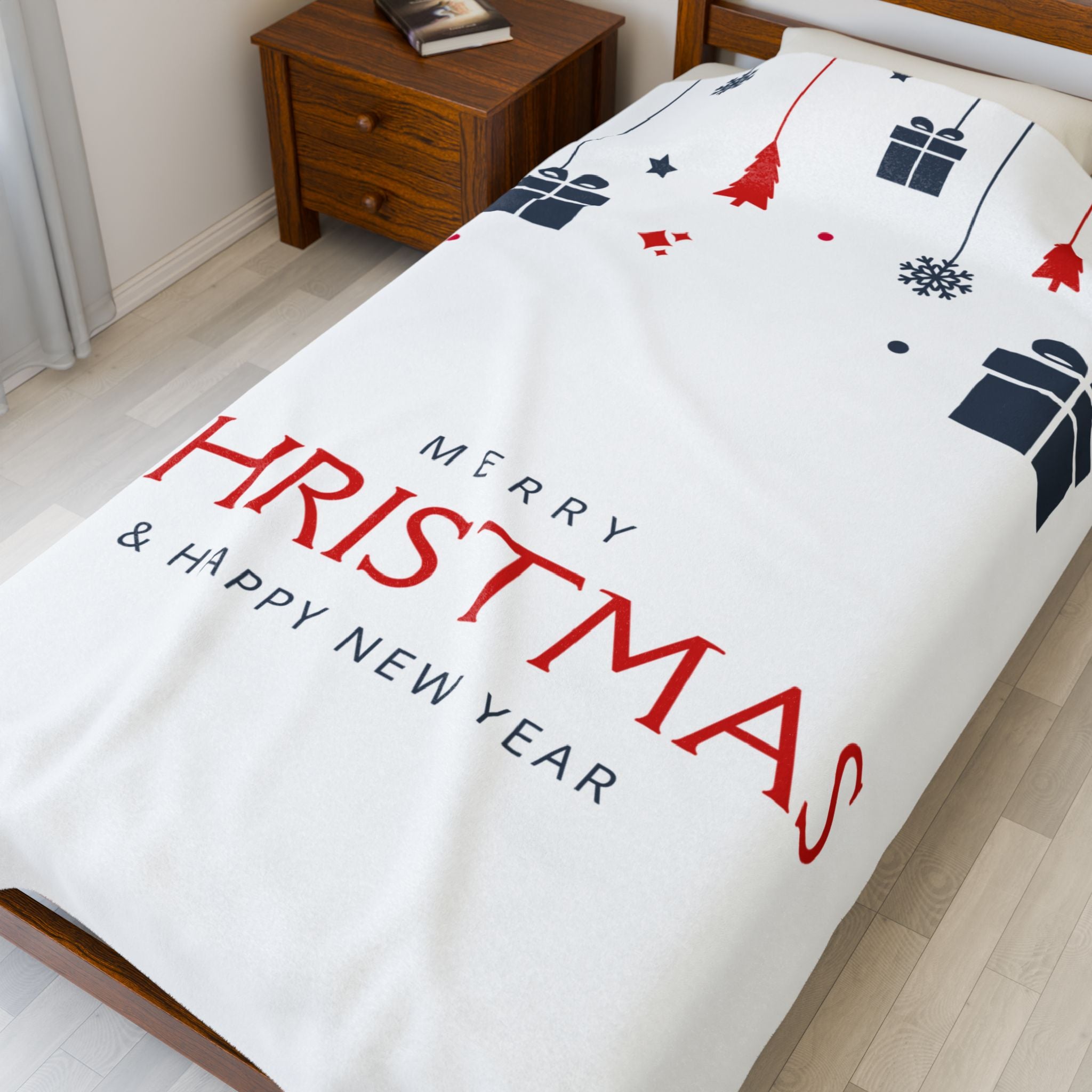 Merry Christmas & Happy New Year Printed Velveteen Plush Blanket, White