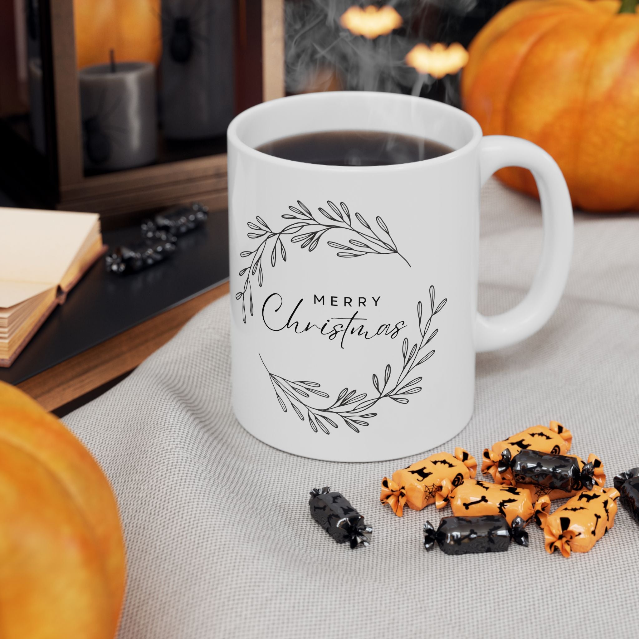 11oz Ceramic Coffee Mug with Black Wreath “MERRY Christmas” Design – Elegant Holiday Gift for Tea & Cocoa Lovers
