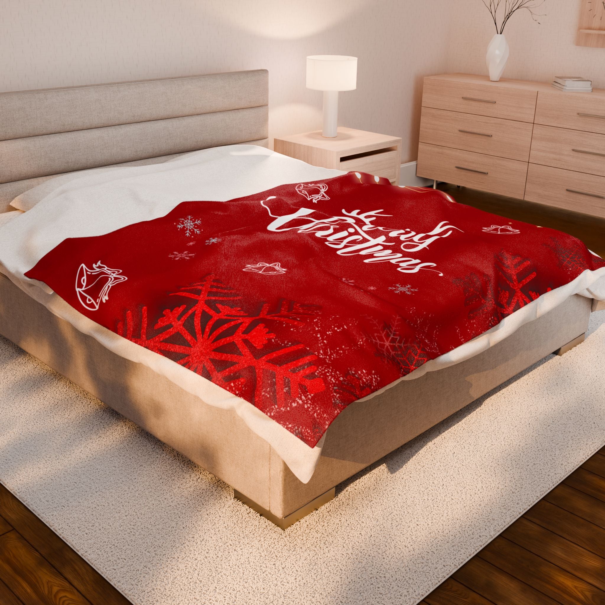 Merry Christmas in Red Printed Velveteen Plush Blanket