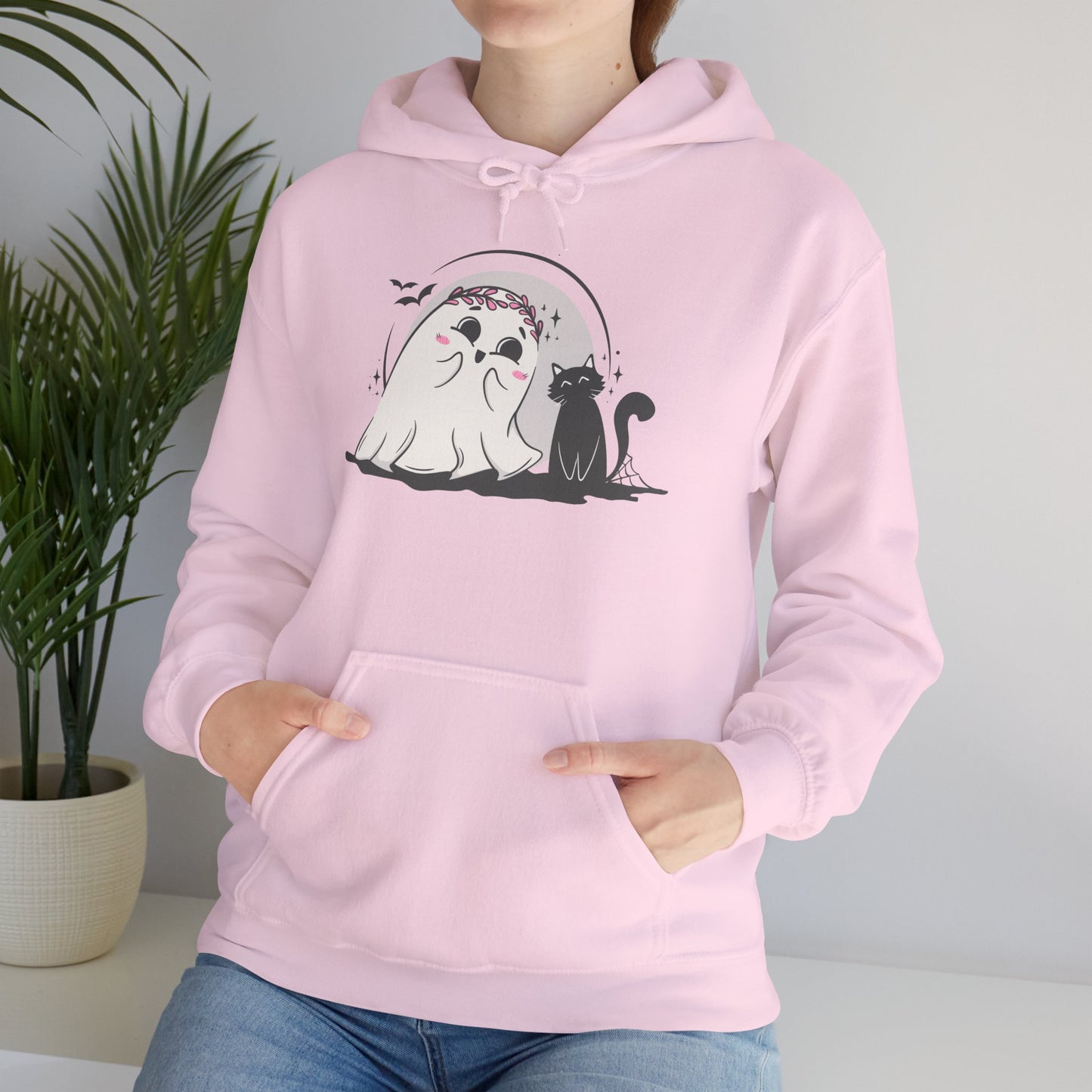 Floral Ghost & Black Cat Hoodie – Cute Halloween Companions