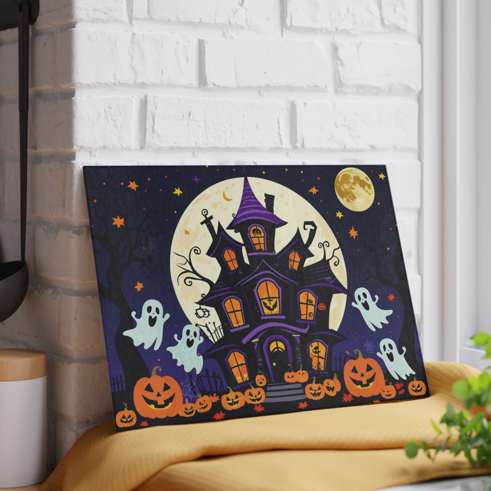 Whimsical Halloween Cutting Board with Spooky House, Ghosts, and Pumpkins