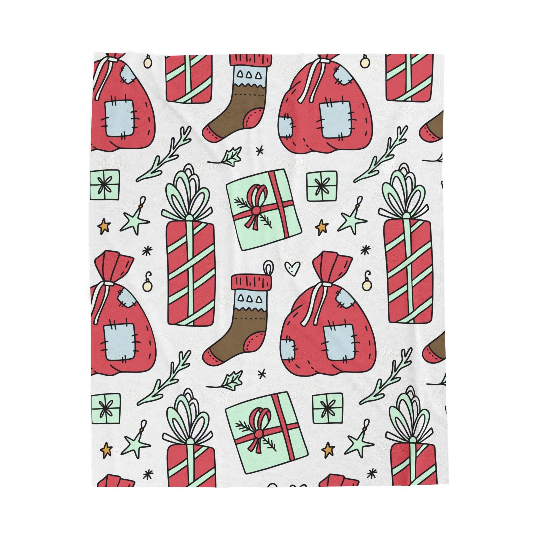 Gift Bag & Candy Cane Velveteen Plush Blanket – Festive Christmas Present Pattern