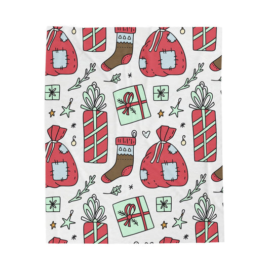Gift Bag & Candy Cane Velveteen Plush Blanket – Festive Christmas Present Pattern