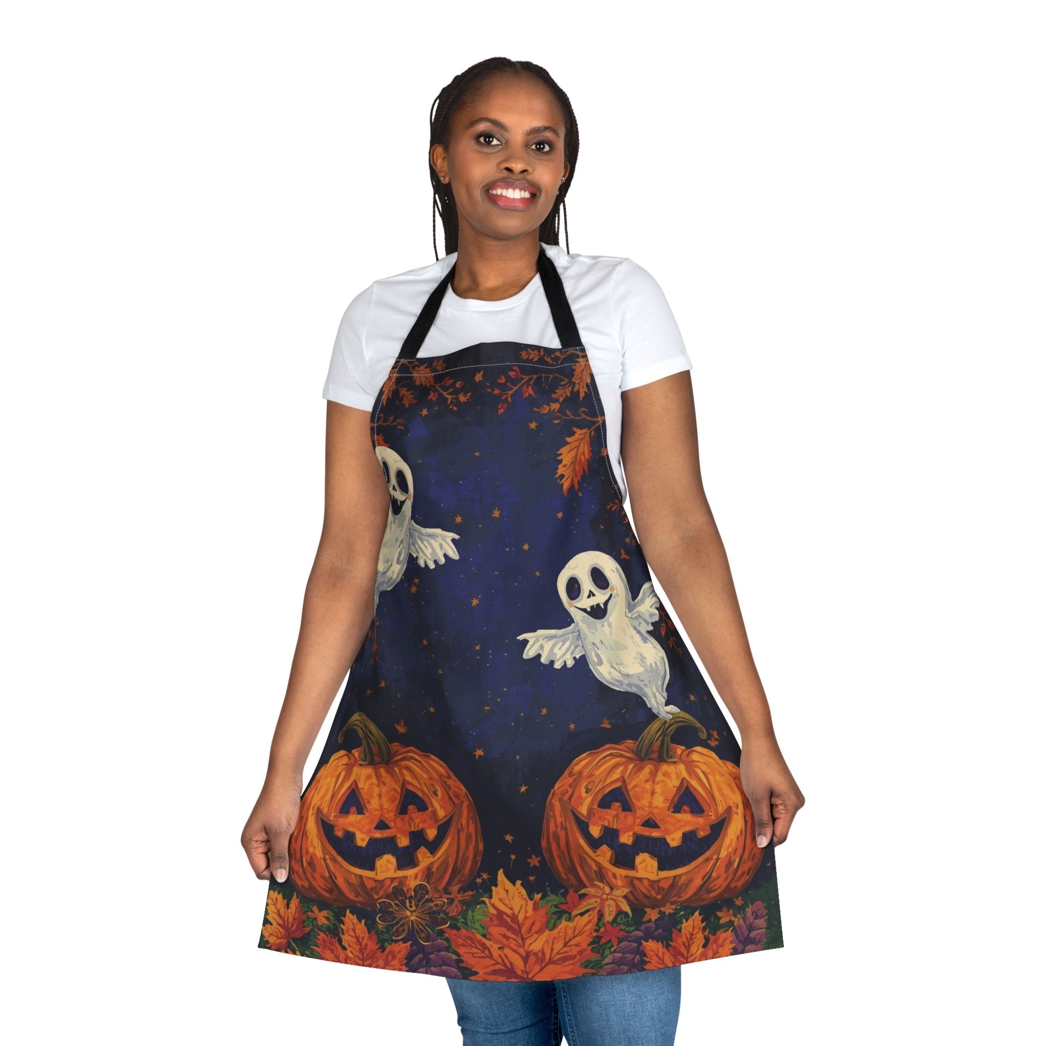 Halloween Ghosts & Pumpkin Apron – Dark Blue Sky with Autumn Leaves