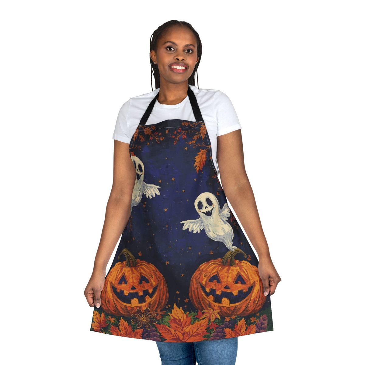 Halloween Ghosts & Pumpkin Apron – Dark Blue Sky with Autumn Leaves ...